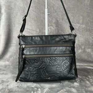 The Sak Reseda Black Leather Embossed Crossbody Bag Triple Zipper Bohemian